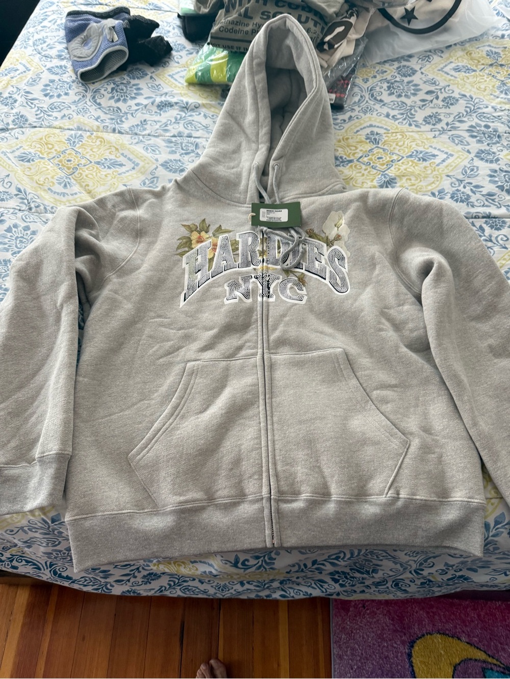 Denim Tears Men’s Gray Zip-Up Hoodie with Floral Detail
